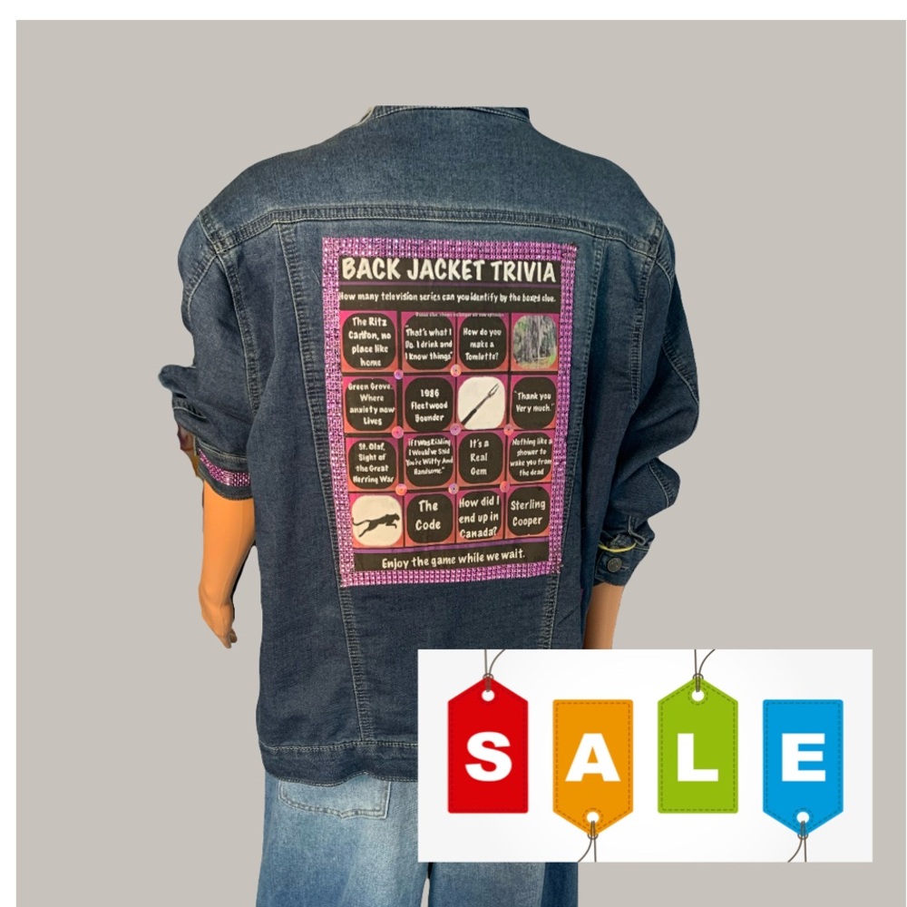 Upcycled Back Jacket Trivia Denim Jacket with Clues to TV Shows on the Back.